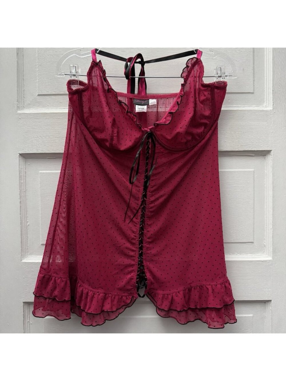 Dreamgirl 1X/2X Pink Black Polka Dot Mesh Babydoll Chemise Underwire Lingerie